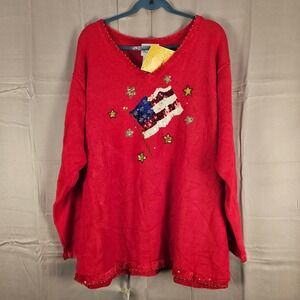 NWT Quacker Factory Womens Red Embellished Sequin USA Flag Sweater 3X‎